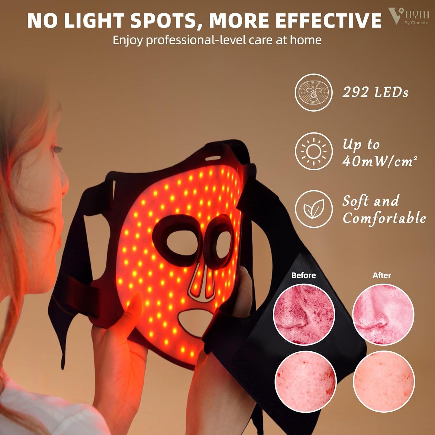 VYM Professional LED Face Mask for Light Therapy: Portable Remote High-Energy Anti-Aging Skincare Device with 292 LEDs, Infrared Red Light Therapy for Facial Treatments, Gift Pack - Black